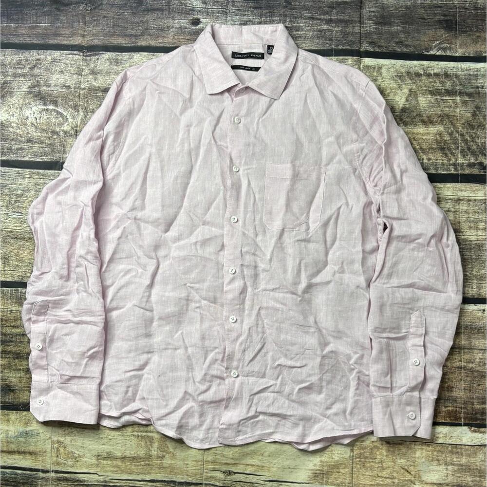 Saks Fifth Avenue Shirt Men's XL 100% Linen Button Down Light Pink Pocket